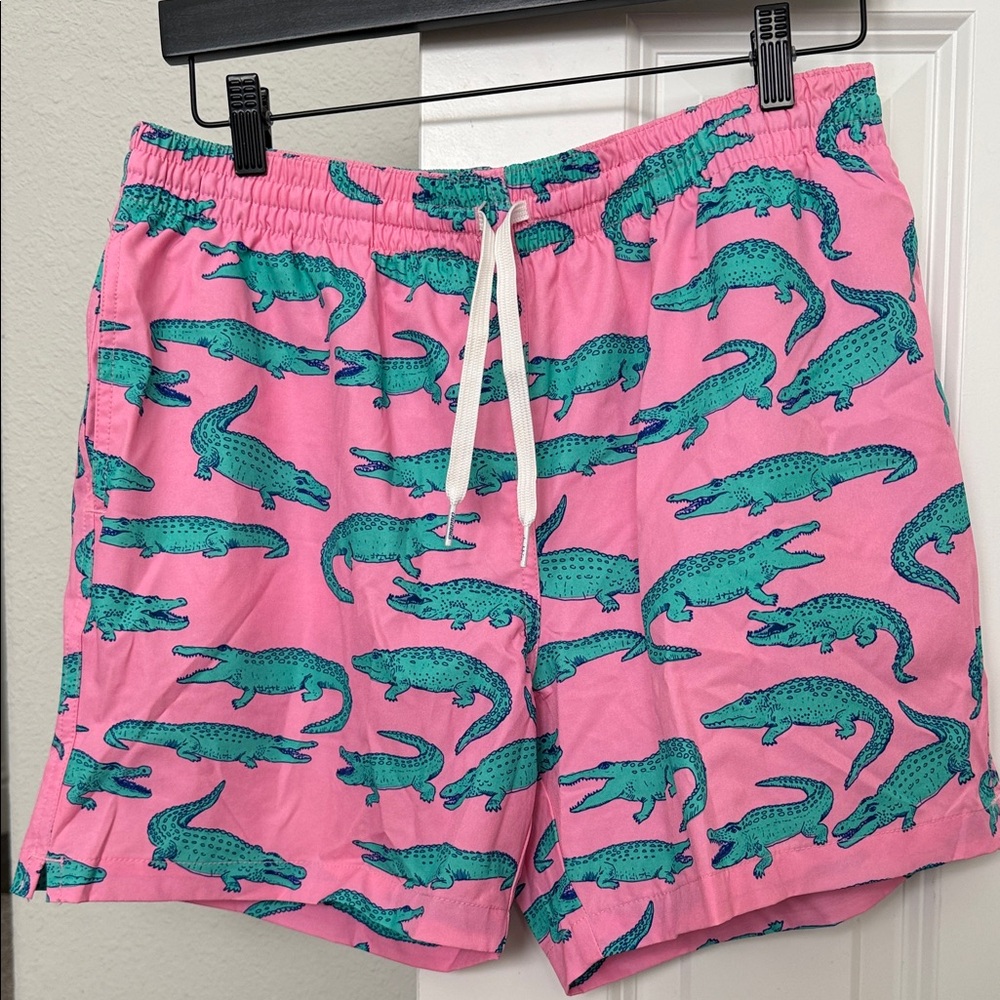 Chubbies Pink and Green Alligator Swim Trunks